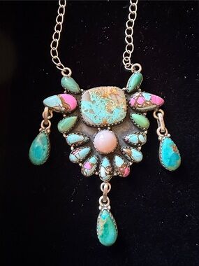 Turquoise, Cotton Candy, and Pink Multi-Stone Sterling Necklace - Highland Cow